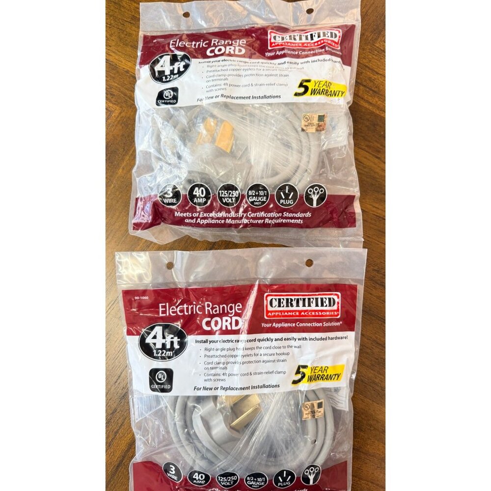 3 WIRE 40AMP 4 FT ELECTRIC RANGE CORD CERTIFIED APPLIANCE ACCESSORIES Lot of 2 N